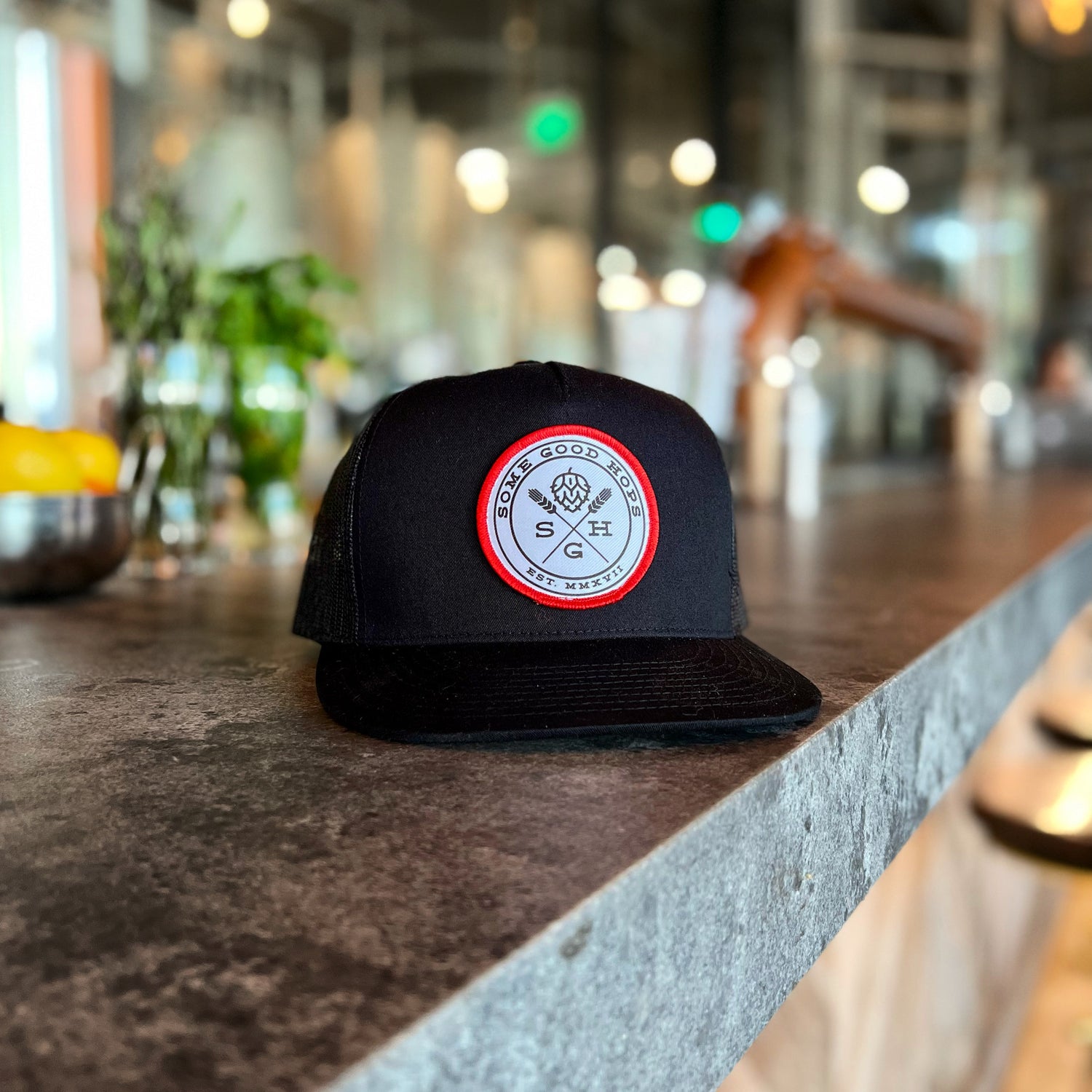 Some Good Hops Black Snapback Hat with White Logo and Red Stitch - Some Good Hops