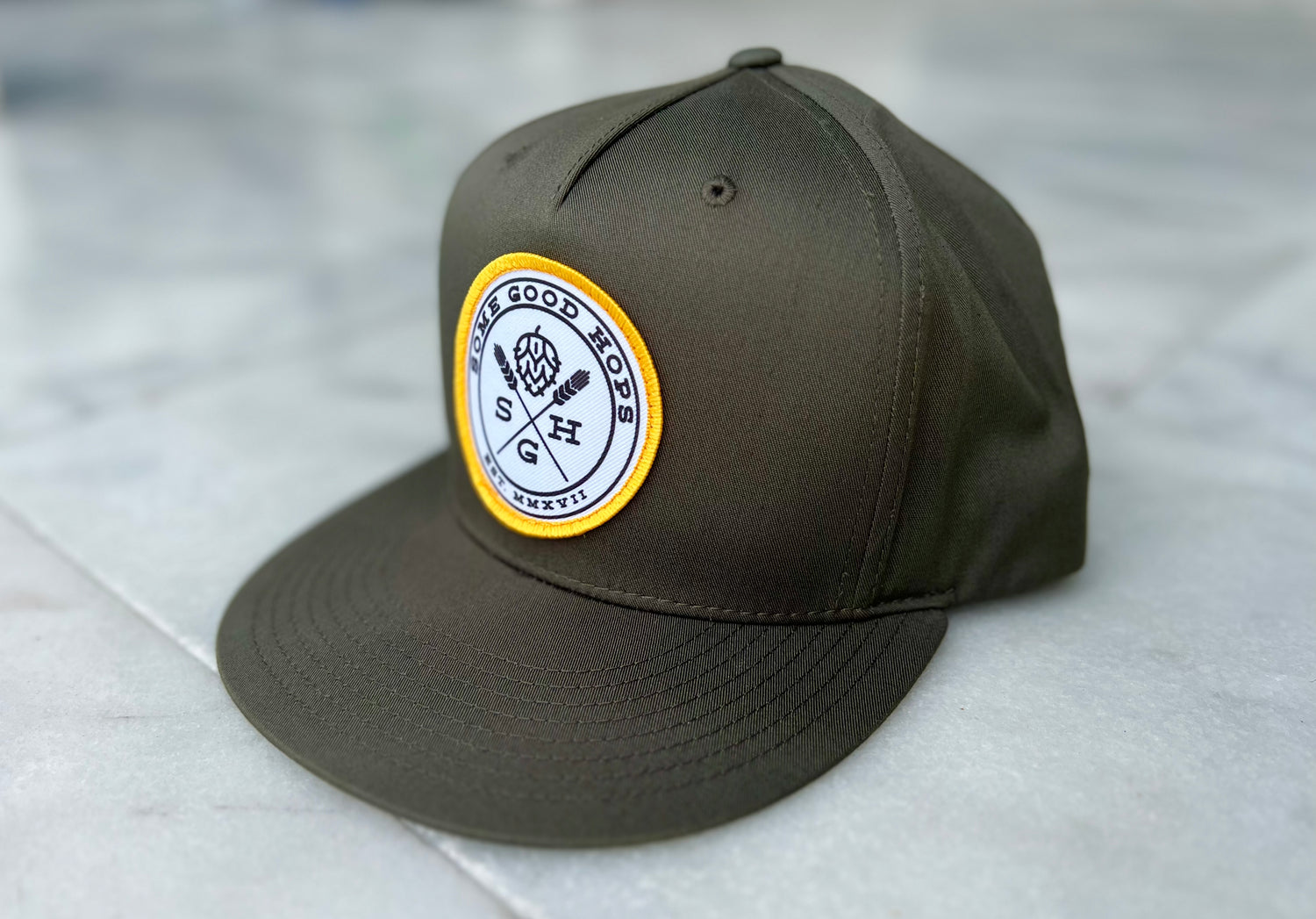 Some Good Hops Olive Green SnapBack Hat with Yellow Stitching and Black Logo