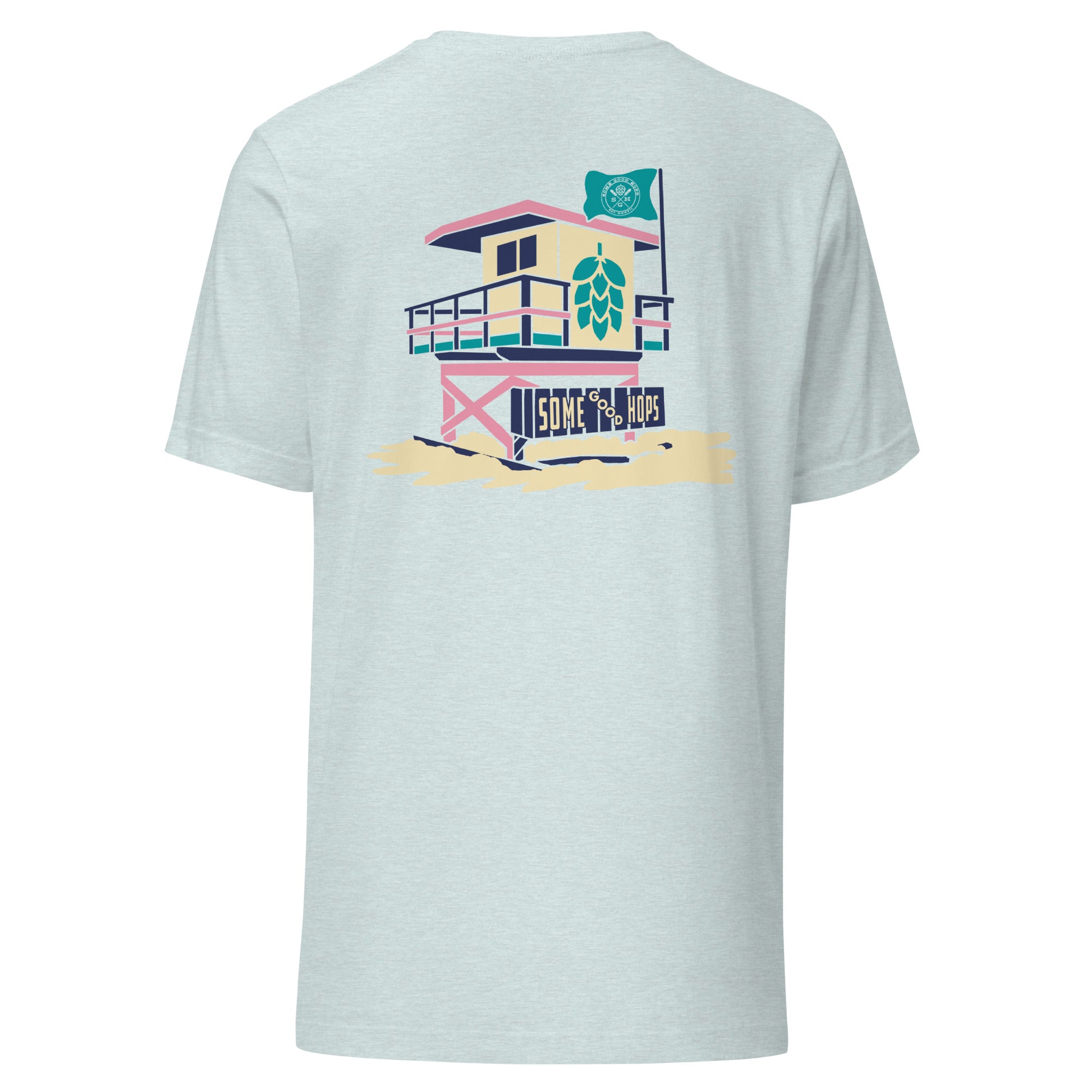 Some Good Hops Beach Lifeguard Tower T-Shirt - Heather Ice Blue (Back View 1)