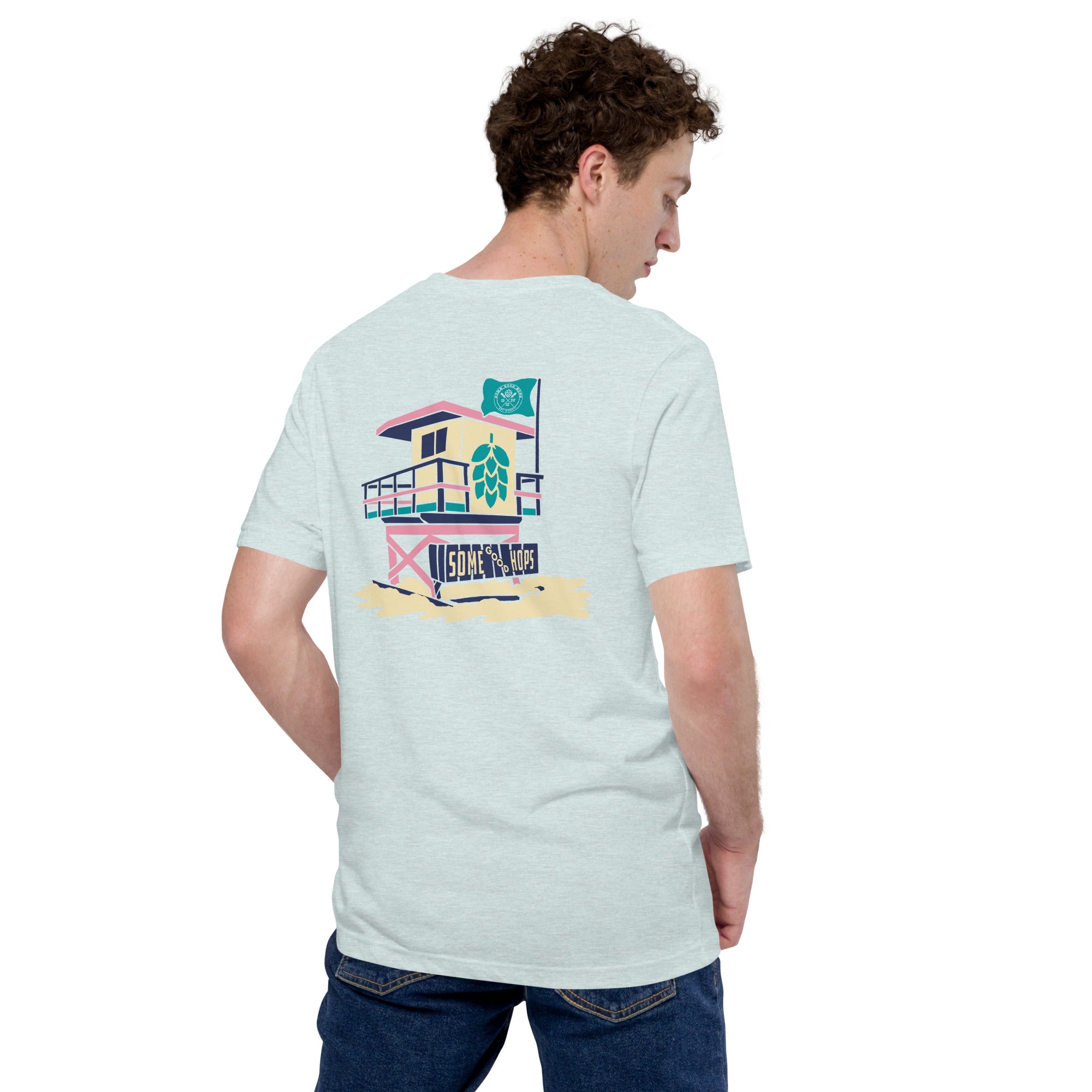 Some Good Hops Beach Lifeguard Tower T-Shirt - Heather Ice Blue (Back View 2)