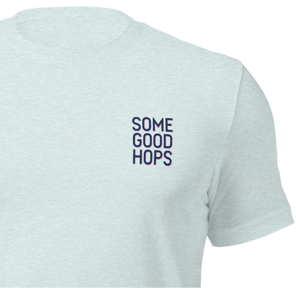 Some Good Hops Beach Lifeguard Tower T-Shirt - Heather Ice Blue (Front View Close Up)