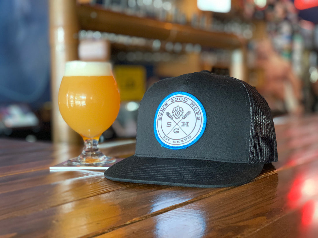 Some Good Hops Black Snapback Hat with White Logo and Blue Stitch - Some Good Hops