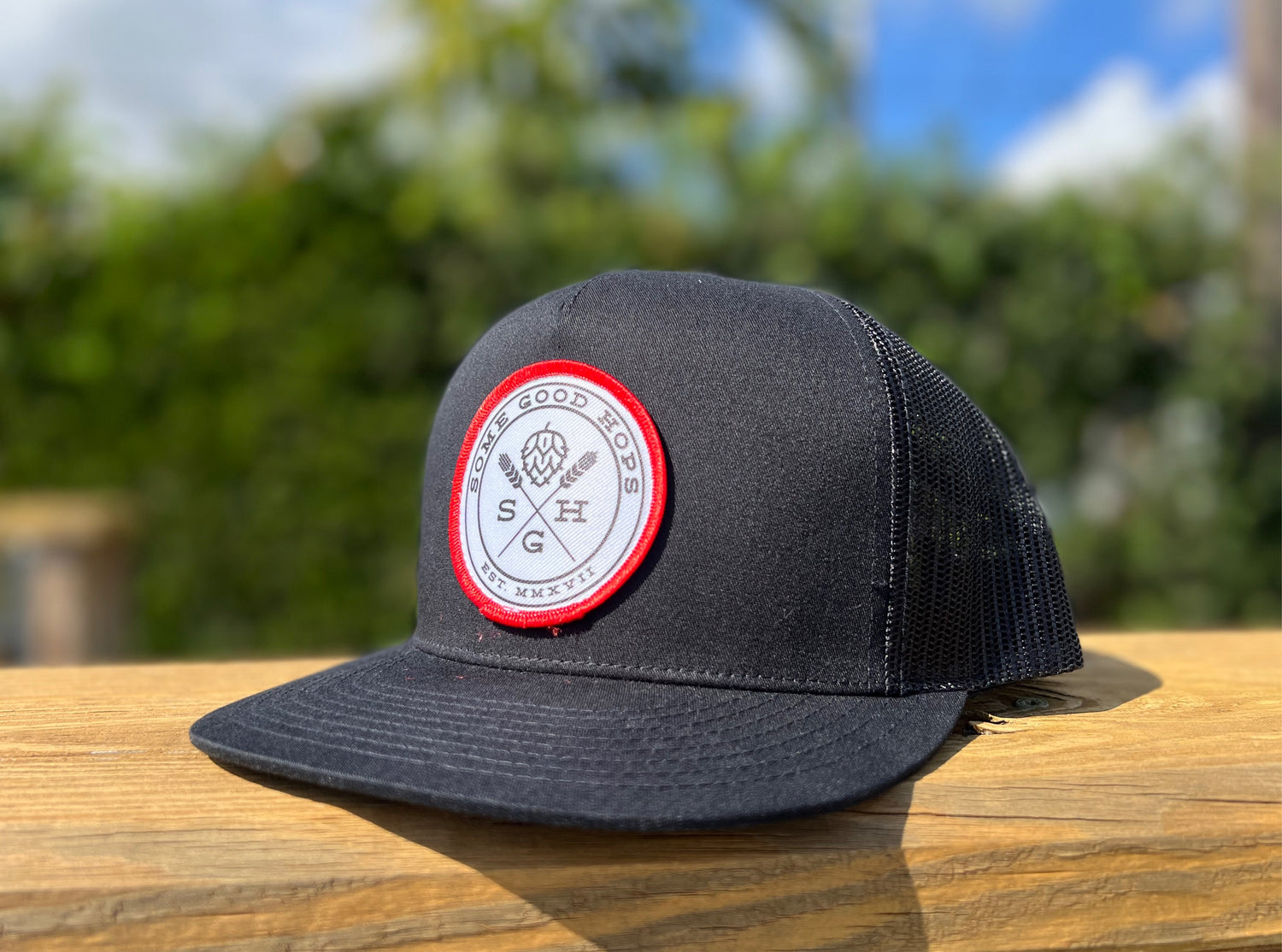 Some Good Hops Black Snapback Hat with White Logo and Red Stitch - Some Good Hops